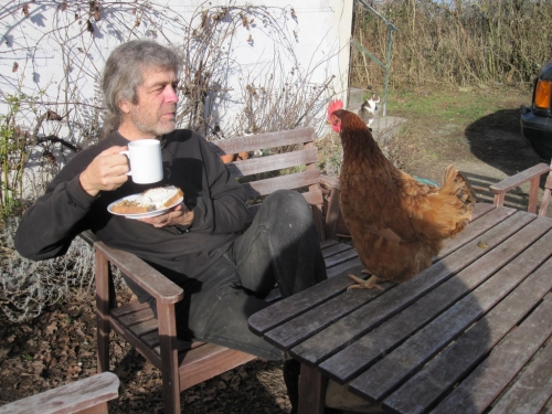 Lunch break, and Naughty Chicken wonders why Simon won't share.