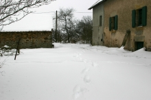 Back of the house with drifting snow